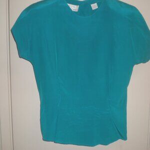 Women's Silk Studio by Claude Bennett Turquoise Silk Blouse Button Back Size 8